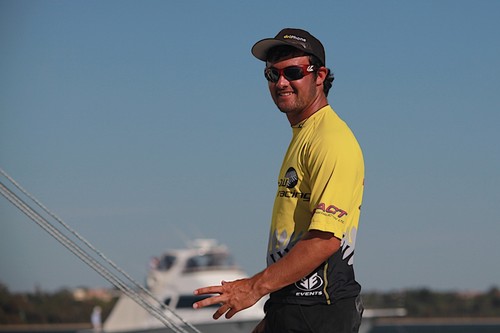 Chris Steele looked happy after his first win in the semi finals - Warren Jones International Youth Match Racing Regatta 2013 © Bernie Kaaks